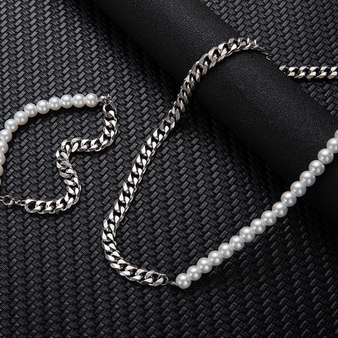Collana E Bracciale In Acciaio Inossidabile Con Perle Sintetiche Maglia Cubana Hip Hop Gioielli Uomo Donna Argento Bianco
