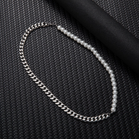 Collana E Bracciale In Acciaio Inossidabile Con Perle Sintetiche Maglia Cubana Hip Hop Gioielli Uomo Donna Argento Bianco