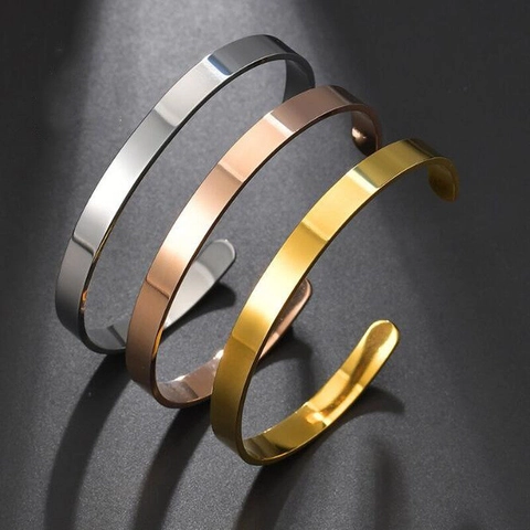 Minimalist Stainless Steel C-Shaped Open Cuff Bangle Bracelet Highly Polished Adjustable Plain Jewelry For Women Men