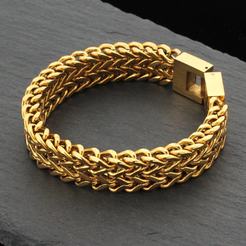 Men Stainless Steel Bracelet Double Row Dragon Bone Link Chain Heavy Vintage Industrial Jewelry With Square Clasp