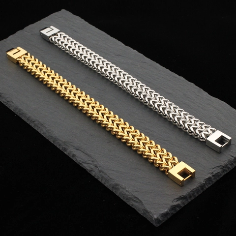 Men Stainless Steel Bracelet Double Row Dragon Bone Link Chain Heavy Vintage Industrial Jewelry With Square Clasp