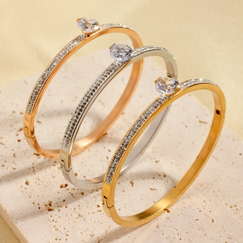 Bracciale Rigido In Acciaio Inossidabile Con Solitario In Zirconia Cubica Gioielli Di Moda Di Lusso Per Donna