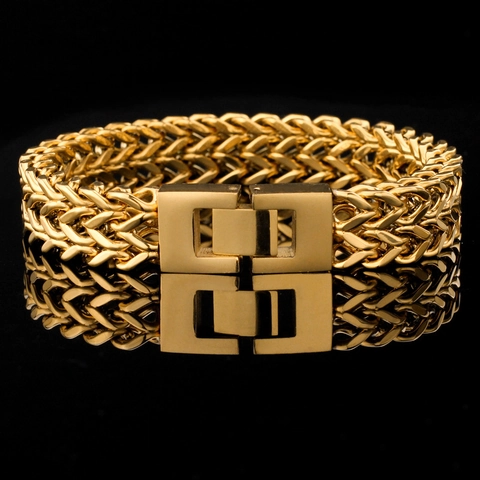 Pulsera Hombre Cadena Hueso De Dragón Doble Fila Acero Inoxidable Malla Tejida Estilo Hip Hop Punk Joyería Geométrica Cierre Cuadrado