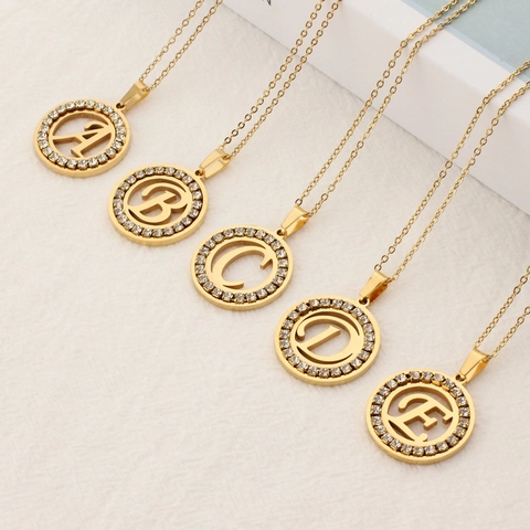 Collar con Colgante de Letra Inicial Redonda de Acero Inoxidable Chapado en Oro con Strass para Mujer Joyería de Moda