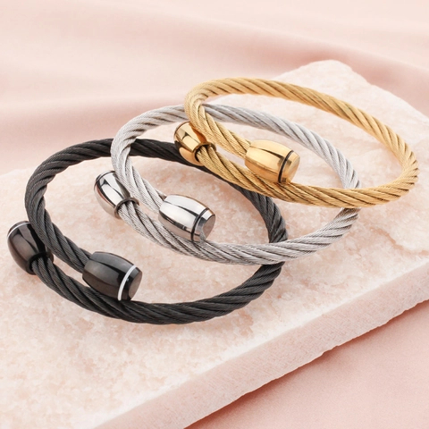 Men Stainless Steel Twisted Cable Open Cuff Bracelet Adjustable Minimalist Punk Style Streetwear Jewelry