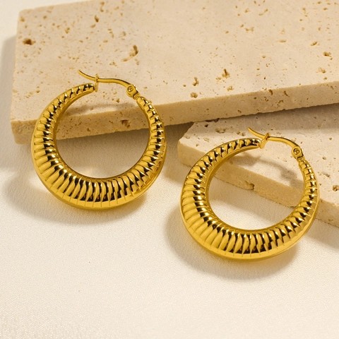 Orecchini a Cerchio Croissant in Acciaio Inossidabile Vintage Francese Texture a Costine Oro Argento per Gioielli Donna