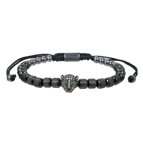 Bracciale Con Perline Testa Di Leopardo Acciaio Inossidabile Zirconia Corda Intrecciata Regolabile Gioielli Uomo Donna
