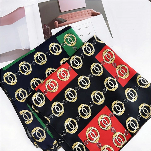 Women Vintage Satin Square Scarf Leopard Print Chain Geometric Silk Like Neck Scarf Decorative Fashion Headband Wrist Wrap