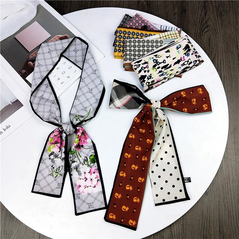 Women Double Sided Long Skinny Scarf Polyester Satin Neck Tie Hair Band Bag Handle Wrap Cat Floral Pattern Elegant
