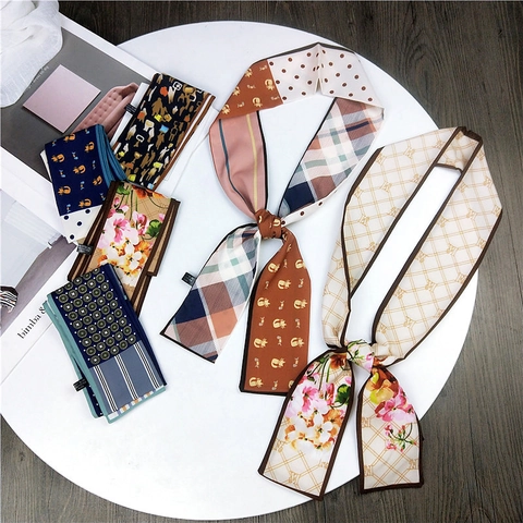 Women Double Sided Long Skinny Scarf Polyester Satin Neck Tie Hair Band Bag Handle Wrap Cat Floral Pattern Elegant