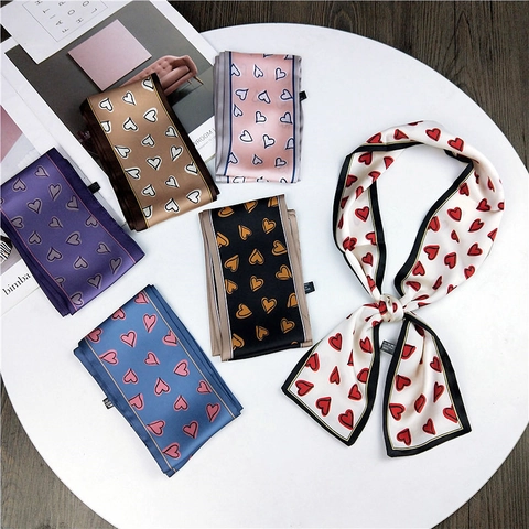 Foulard Twilly En Satin Soyeux Imprimé Cœur Cravate Mince Femme Mode Bandeau Cheveux Ruban De Sac Double Face