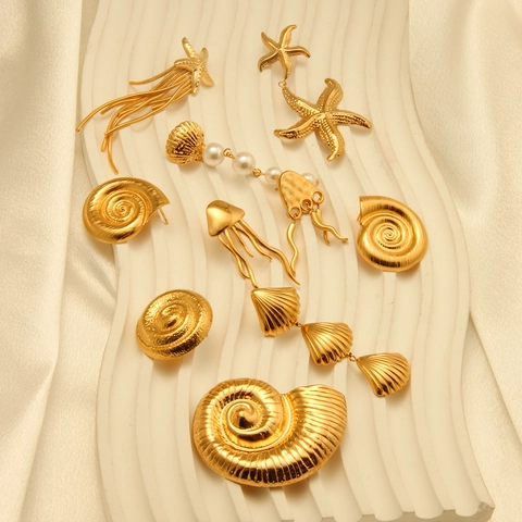 Pendientes de Acero Inoxidable Chapado en Oro Vida Marina Con Estrella de Mar Medusa Concha Perla Artificial Flecos Vacaciones Joyeria