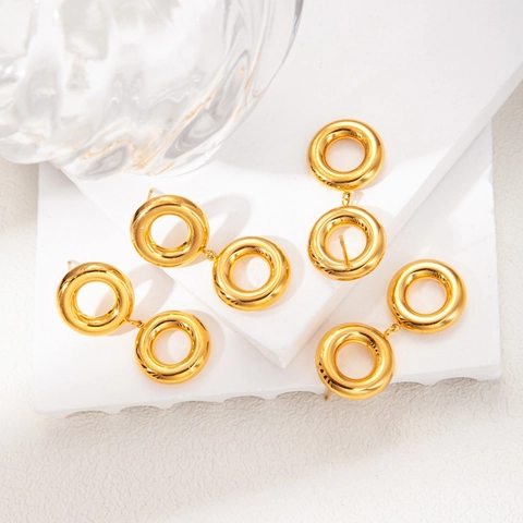 Orecchini Minimalisti in Acciaio Inossidabile a Doppio Anello Tondo Oro Lucido Geometrici per Donna Gioielli Regalo