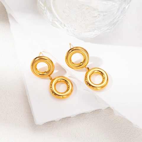 Orecchini Minimalisti in Acciaio Inossidabile a Doppio Anello Tondo Oro Lucido Geometrici per Donna Gioielli Regalo