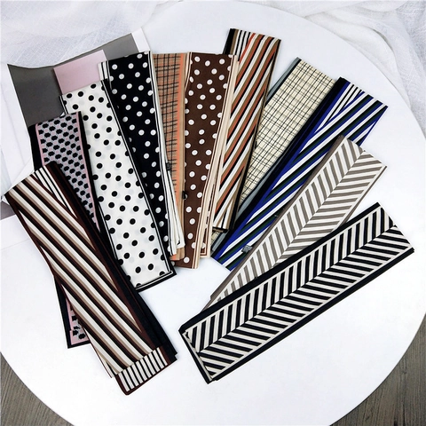 Sciarpa Sottile Donna Nastro Raso Setoso Pois Strisce Cravatta Avvolgimento Manico Borsa Accessorio Moda Versatile