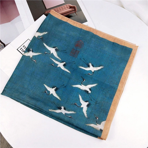 Vintage Chinese Style Square Scarf Satin Satin Feel Neckerchief Artistic Auspicious Cranes Pattern Women Decorative Headscarf