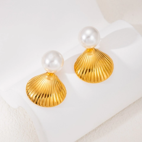 Boucles D'oreilles Coquillage Künstliche Perle En Acier Inoxydable Plqué Or 18K Bijoux De Luxe Élégants Pour Femmes