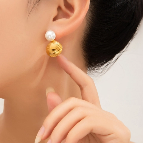 Boucles D'oreilles Coquillage Künstliche Perle En Acier Inoxydable Plqué Or 18K Bijoux De Luxe Élégants Pour Femmes