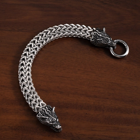 Pulsera De Cabeza De Lobo Vikingo Para Hombre Acero Inoxidable Cadena Trenzada Estilo Punk Retro Nórdico Joyería Plata