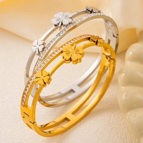 Clover Bangle 18K Gold Plated Stainless Steel Layered Hollow Zircon Luxury Bracelet For Women