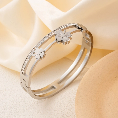 Clover Bangle 18K Gold Plated Stainless Steel Layered Hollow Zircon Luxury Bracelet For Women