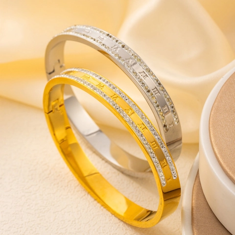 Bracelet Jonc de Luxe en Acier Inoxydable Avec Chiffres Romains Et Double Rangée de Strass Bijoux Femme Or Argent