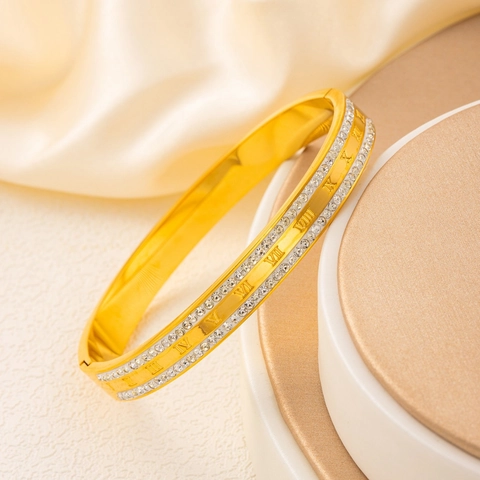 Bracelet Jonc de Luxe en Acier Inoxydable Avec Chiffres Romains Et Double Rangée de Strass Bijoux Femme Or Argent