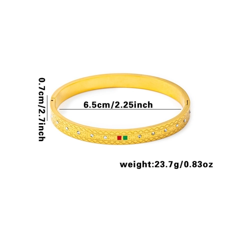 Stainless Steel Bangle Bracelet For Women With Rhombus Pattern Rhinestone Red And Green Enamel Gold Plated Retro Jewelry