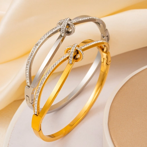 Crossover Knot Bangle Bracelet Stainless Steel With Pavé Cubic Zirconia Hinged Minimalist Elegant Jewelry For Women