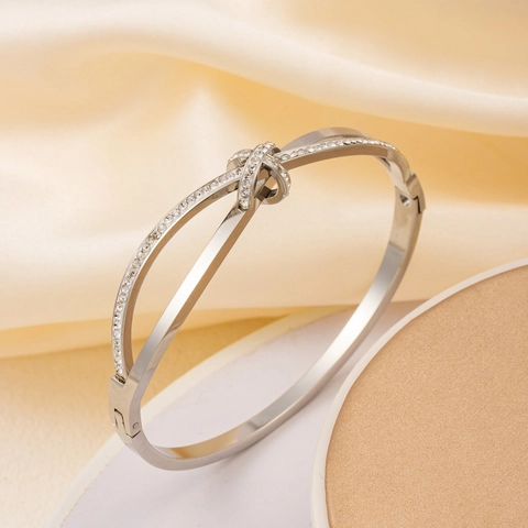 Crossover Knot Bangle Bracelet Stainless Steel With Pavé Cubic Zirconia Hinged Minimalist Elegant Jewelry For Women