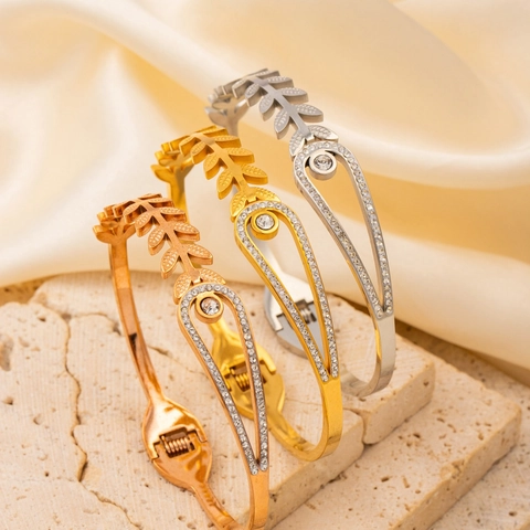 Bracciale Rigido In Acciaio Inossidabile Placcato Oro 18K Foglia Cava Spiga Di Grano Zircone Gioielli Eleganti Da Donna