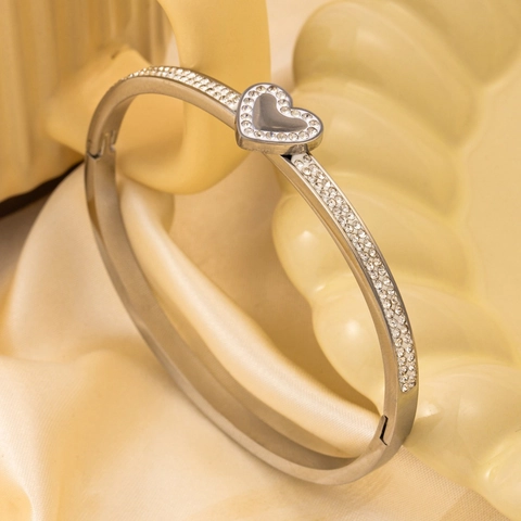 Bracciale Rigido A Cuore In Acciaio Inossidabile Da Donna Con Pavé Di Strass Gioielli A Cuore Scintillanti Accessorio Di Lusso