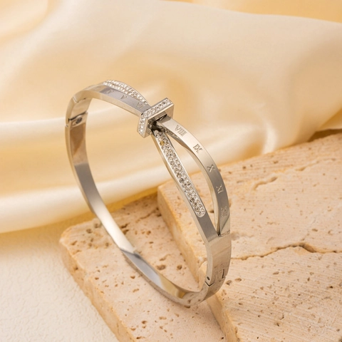 Roman Numerals Bangle Bracelet 18K Gold Plated Stainless Steel Cubic Zirconia Double Layer Cross Design For Women Elegant Jewelry