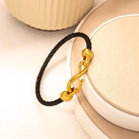 Bracciale Rigido In Cavo Di Acciaio Inossidabile Minimalista Con Chiusura A Gancio A S Placcato Oro 18K Punk Hip Hop Gioielli