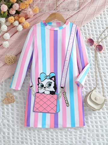 Girls Cartoon Cat Striped Long Sleeve Dress Colorful Vertical Stripe Knitted Princess Dress For Kids Everyday Wear