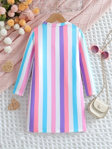 Girls Cartoon Cat Striped Long Sleeve Dress Colorful Vertical Stripe Knitted Princess Dress For Kids Everyday Wear
