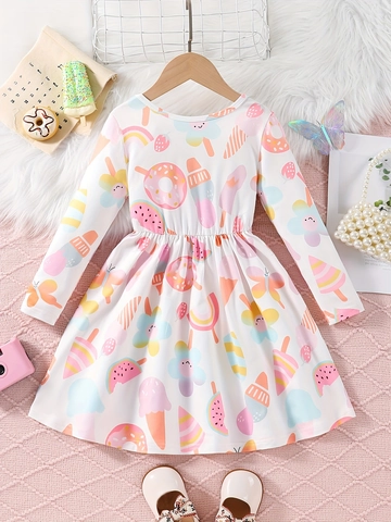 Mädchen Langarm Prinzessinnenkleid Cartoon Eiscreme Regenbogen Druck Plissee Taille Polyestermischung Frühling Herbst Kinder Kleidung