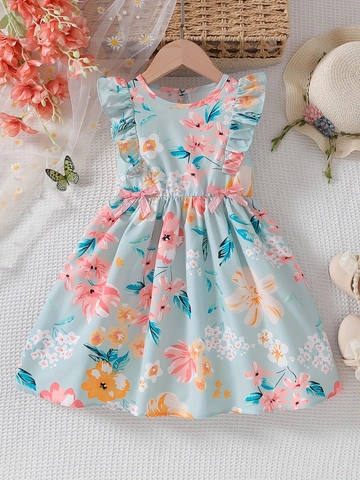Toddler Girls Summer Floral Dress Ruffle Sleeve Sweet Princess Dress Cotton Blend Breathable A-Line Kids Vacation Clothes
