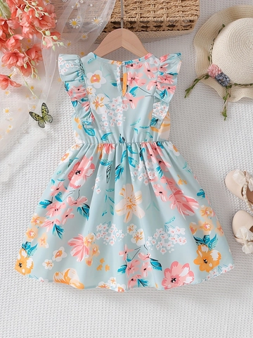 Toddler Girls Summer Floral Dress Ruffle Sleeve Sweet Princess Dress Cotton Blend Breathable A-Line Kids Vacation Clothes