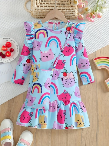 Girls Long Sleeve Cartoon Cat Rainbow Print Princess Style Dress With Matching Small Bag For Kids Toddler Cotton Blend
