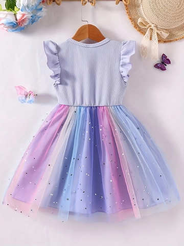 Girls Flutter Sleeve Rainbow Gradient Mesh Princess Dress Butterfly Bow Star Sequins Kids Summer Party Tutu Dress