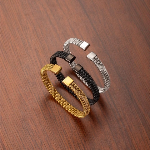 Stainless Steel Mesh Woven Cuff Bracelet Minimalist Industrial Style C Shape Open Bangle Jewelry Gift