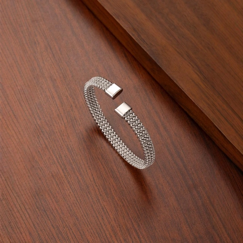 Stainless Steel Mesh Woven Cuff Bracelet Minimalist Industrial Style C Shape Open Bangle Jewelry Gift