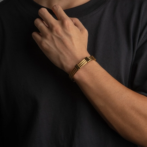 Stainless Steel Cable Bangle 18K Gold Plated Industrial Twisted Wire Bracelet For Men Retro High Street Style