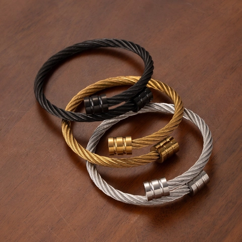 Cuff Armreif Edelstahl Gedrehtes Kabelmuster 18K Vergoldet Offen Verstellbar Vintage Punk Schmuck Für Herren