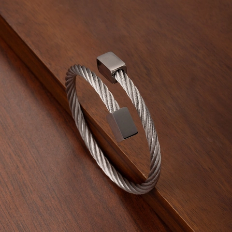 Stainless Steel Cable Bracelet Twisted Wire Rope Open Cuff Bangle With Rectangular Ends Punk Industrial Style