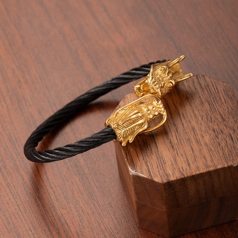Double Dragon Head Cable Bracelet Stainless Steel Open Bangle Punk Retro Jewelry For Men Adjustable Twisted Wire