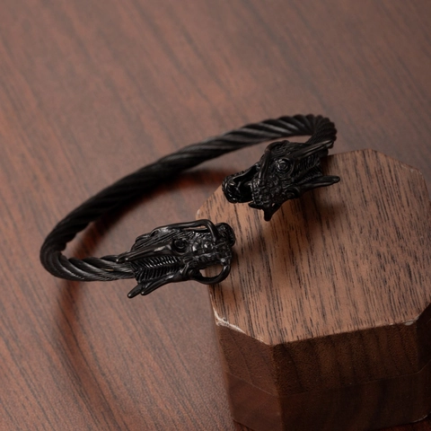 Double Dragon Head Cable Bracelet Stainless Steel Open Bangle Punk Retro Jewelry For Men Adjustable Twisted Wire