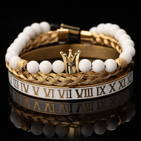 Stainless Steel Roman Numeral Bracelet Collection With Crown Charms Zirconia Beaded Weaving Bangles For Unisex Fashion Jewelry