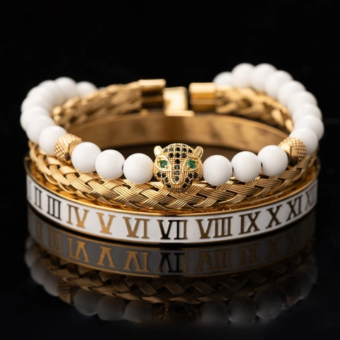 Stainless Steel Roman Numeral Bracelet Collection With Crown Charms Zirconia Beaded Weaving Bangles For Unisex Fashion Jewelry